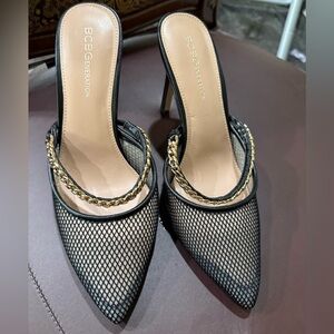 BCBGeneration Black Mesh Pointed Mules with Gold Chain